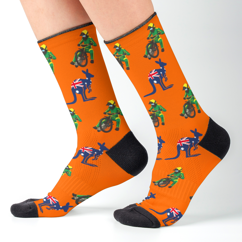 orange socks with Australian speedway riders and kangaroos