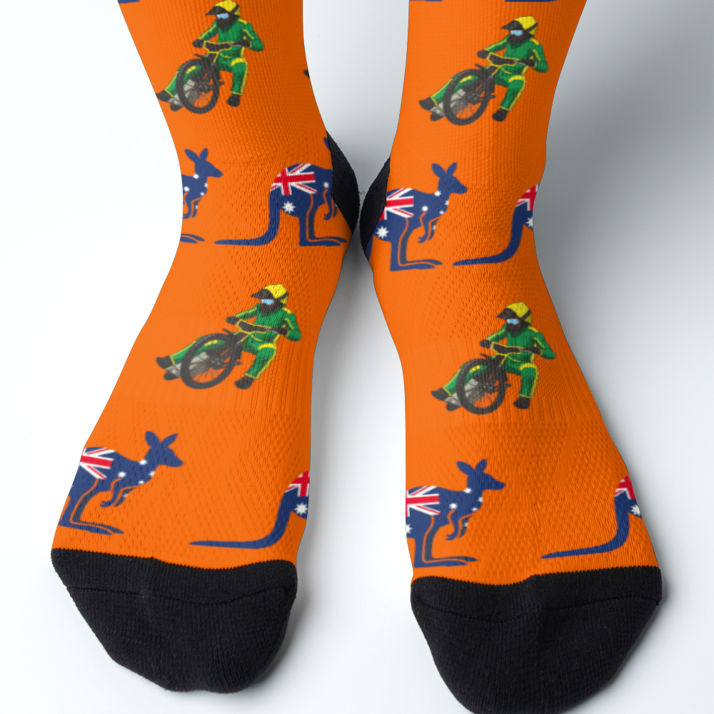 orange socks with Australian speedway riders and kangaroos